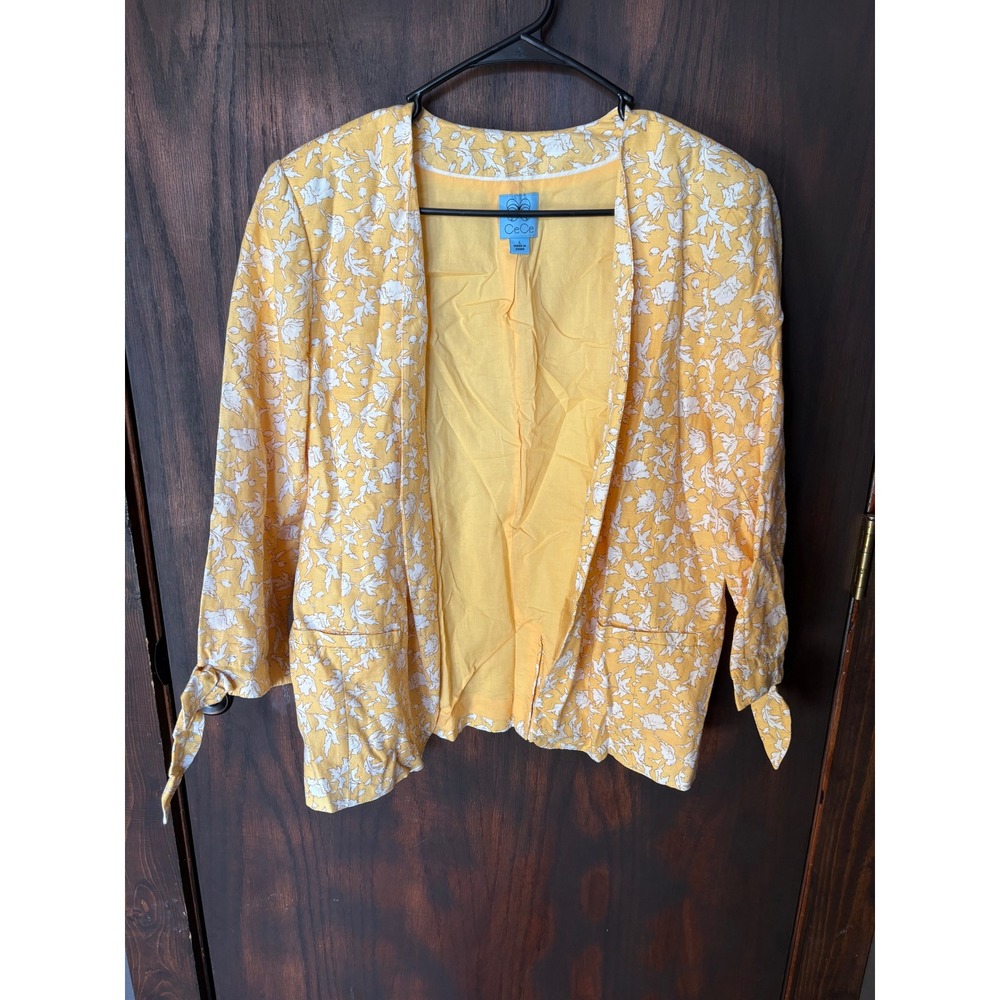 CeCe Yellow Floral Linen Blend Open Front Blazer Jacket with Tie Cuffs Womens L